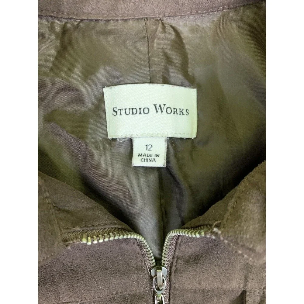 Studio Works Women Jacket 12 Brown Faux Suede/Microfibre Full Zip Lined Pockets